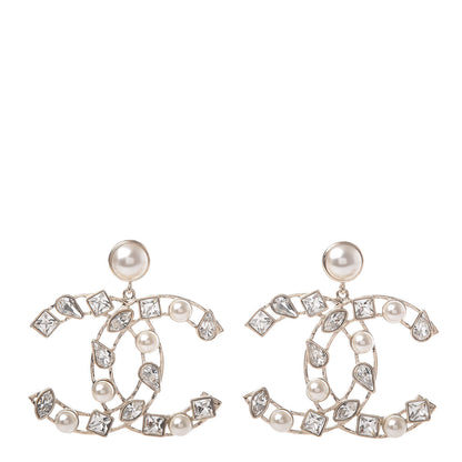Chanel Metal Glass Pearl CC Crystal Snowfall CC Drop Earrings Light Gold 1 of 6