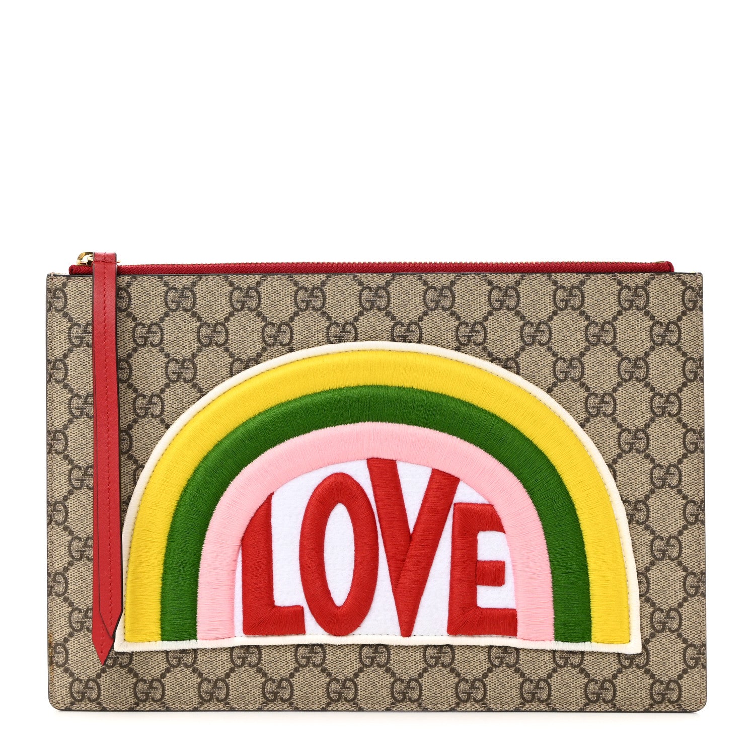 Gucci Calfskin GG Supreme Monogram Embroidered Rainbow Love Zip Pouch Red 1 of 8