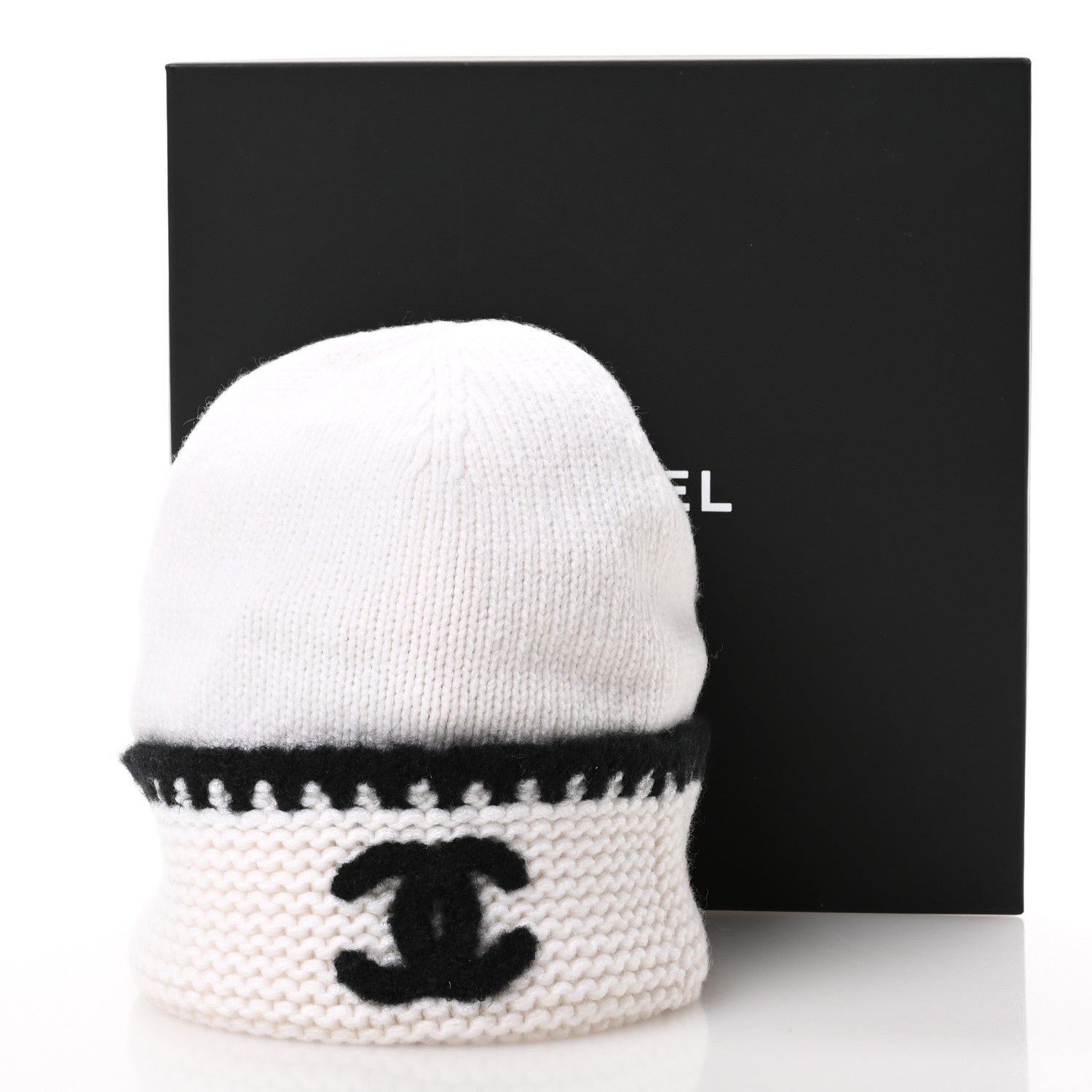 Chanel Cashmere CC Knitted Beanie Hat Black White 1718552