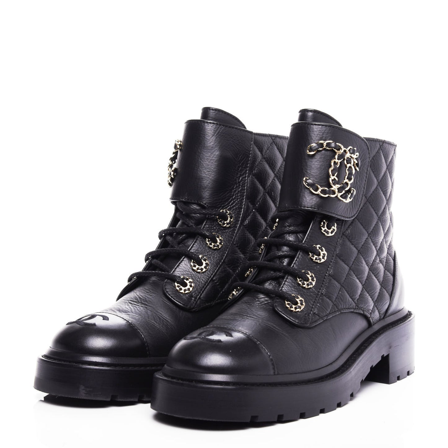 Shiny Goatskin Calfskin Quilted Lace Up Combat Boots 36.5 Black