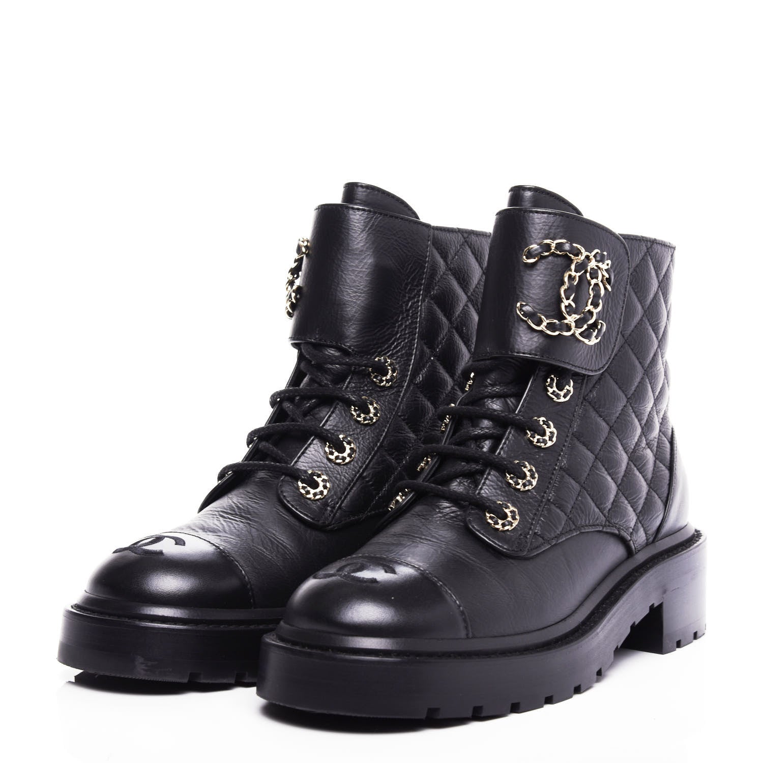 Chanel Shiny Goatskin Calfskin Quilted Lace Up Combat Boots 36.5 Black 2 of 10