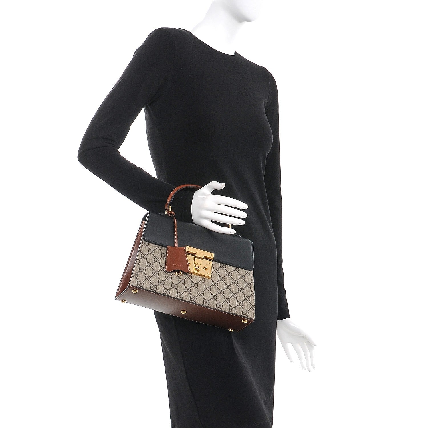 Gucci GG Supreme Monogram Calfskin Small Padlock Top Handle Bag Beige Black Cuir 3 of 9