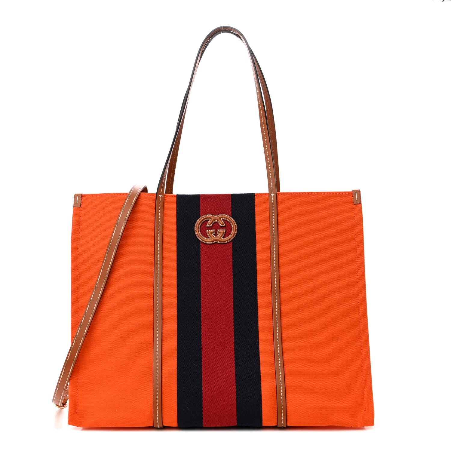 Gucci Canvas Calfskin Web Large Interlocking G Tote Bag Vibrant Orange Hazel Brown 1 of 9