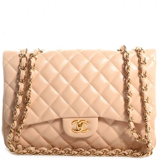 Lambskin Quilted Jumbo Single Flap Beige