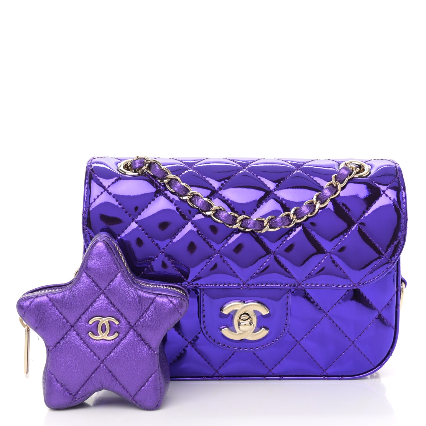 Mirror Calfskin Metallic Calfskin Quilted Hollywood Boulevard Mini Flap With Star Coin Purse Purple