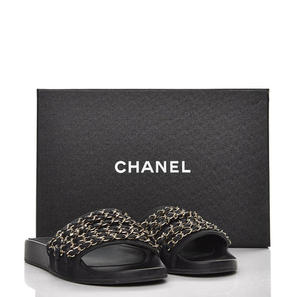 Chanel Lambskin Canvas Chain Flat Sandals 37 Marine 9 of 9