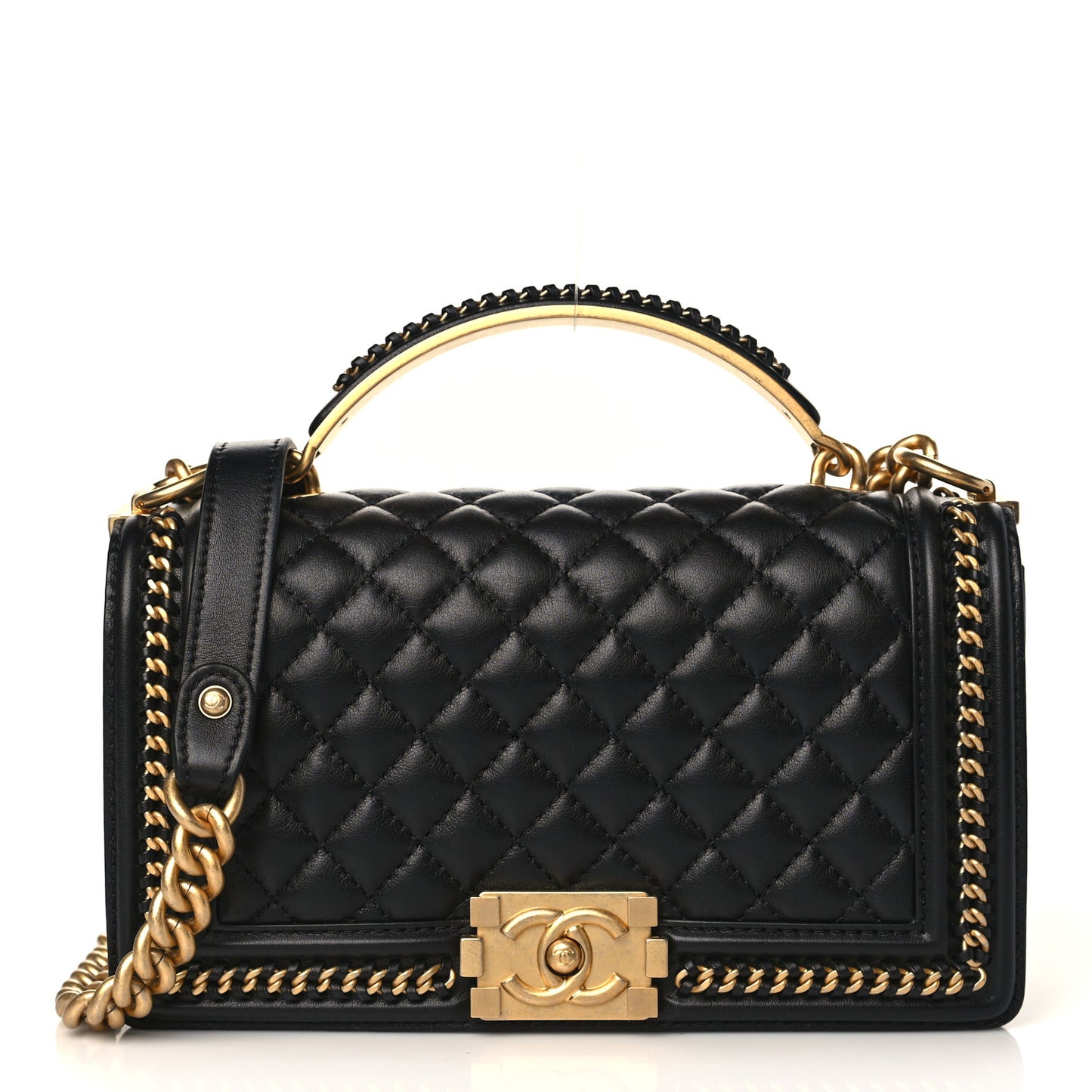 Lambskin Quilted Medium Top Handle Boy Flap Black