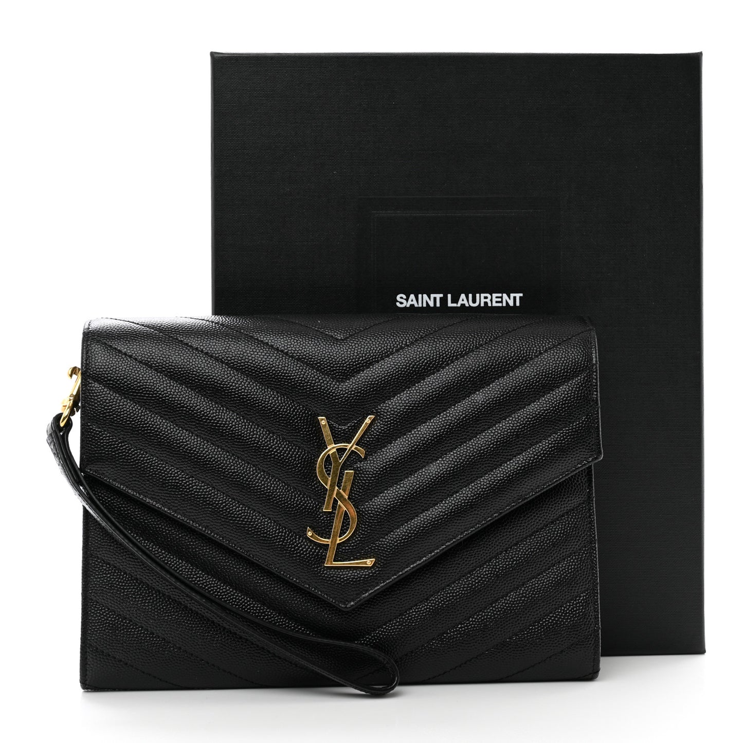 Grain De Poudre Matelasse Chevron Monogram Envelope Clutch Black