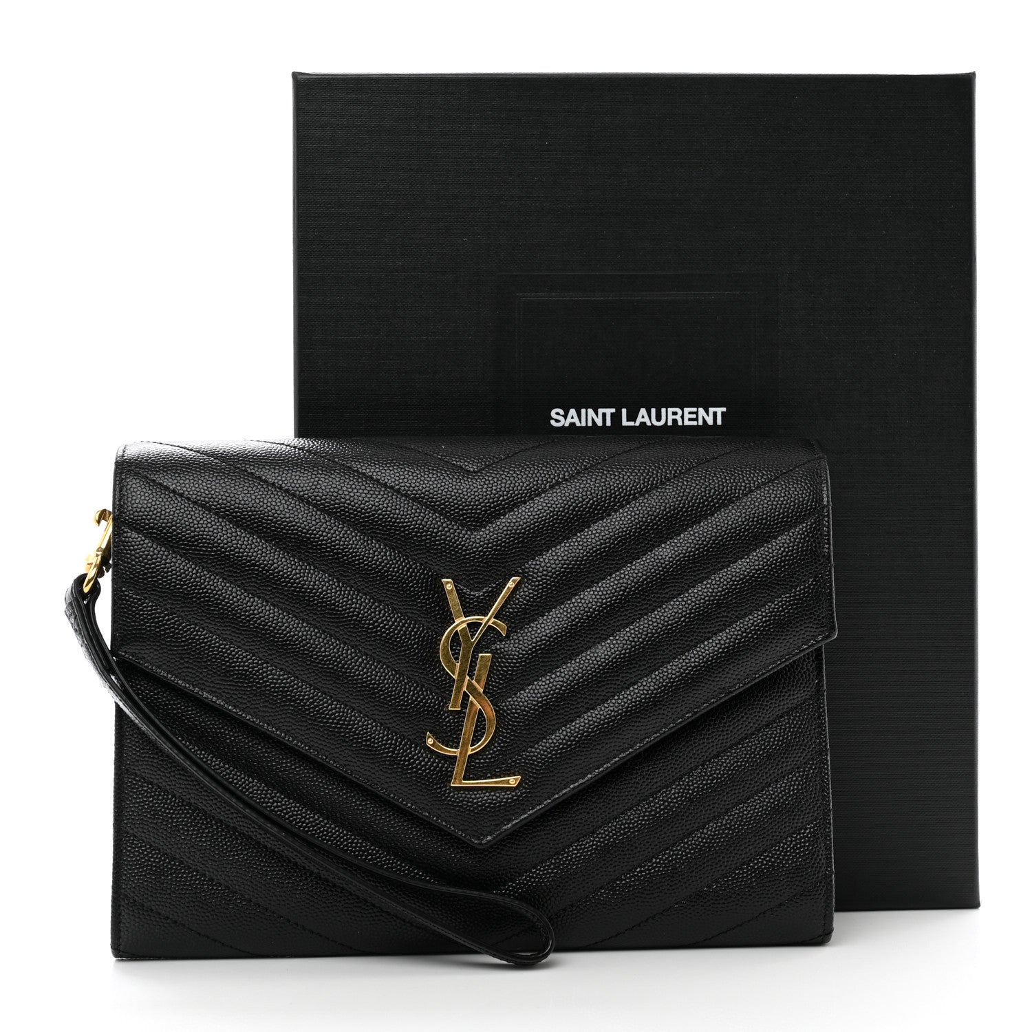 Saint Laurent Grain De Poudre Matelasse Chevron Monogram Envelope Clutch Black 3 of 8