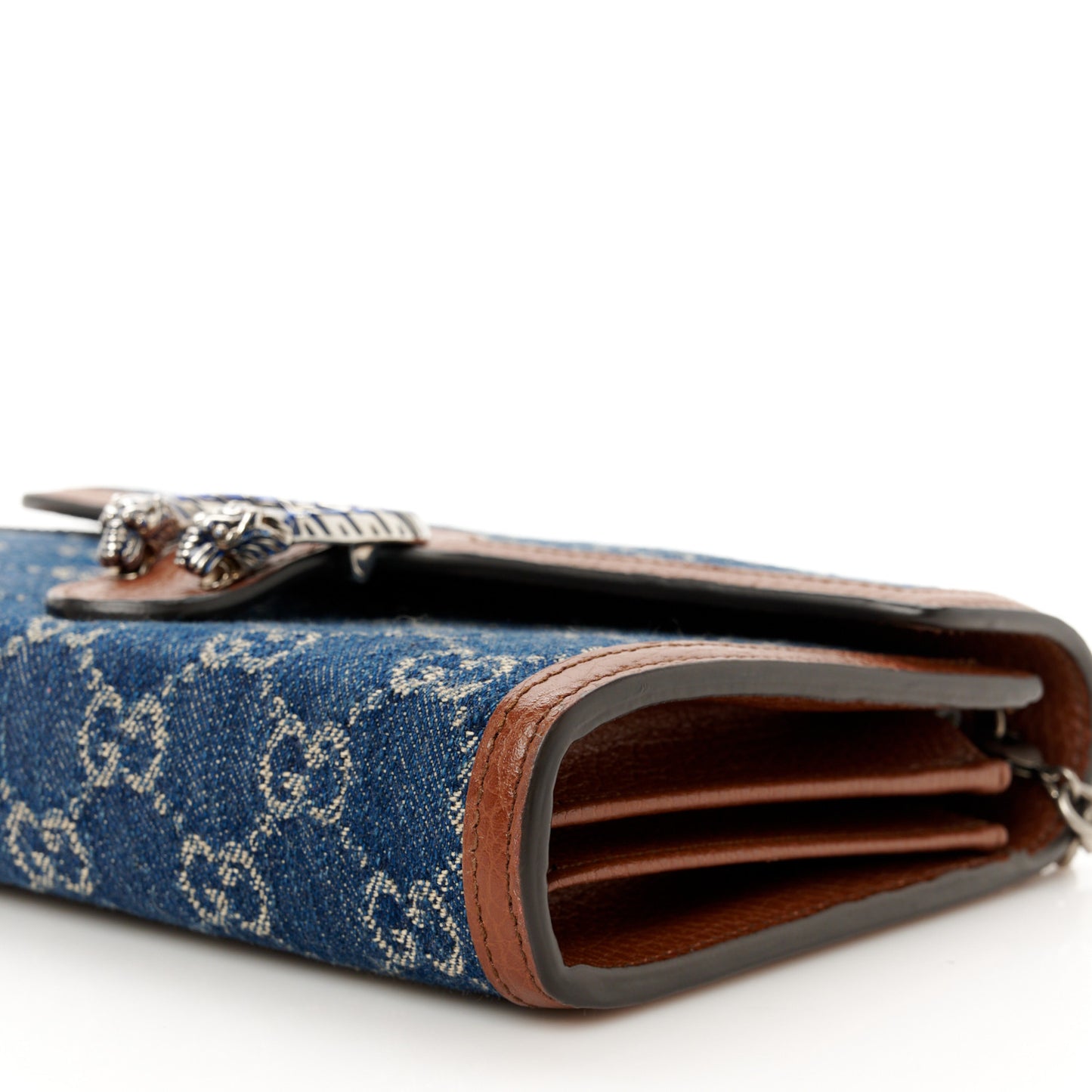 New Denim GG Monogram Dollar Calfskin Enamel Mini Dionysus Chain Wallet Blue Tea Cuir Epilog Electric Blue