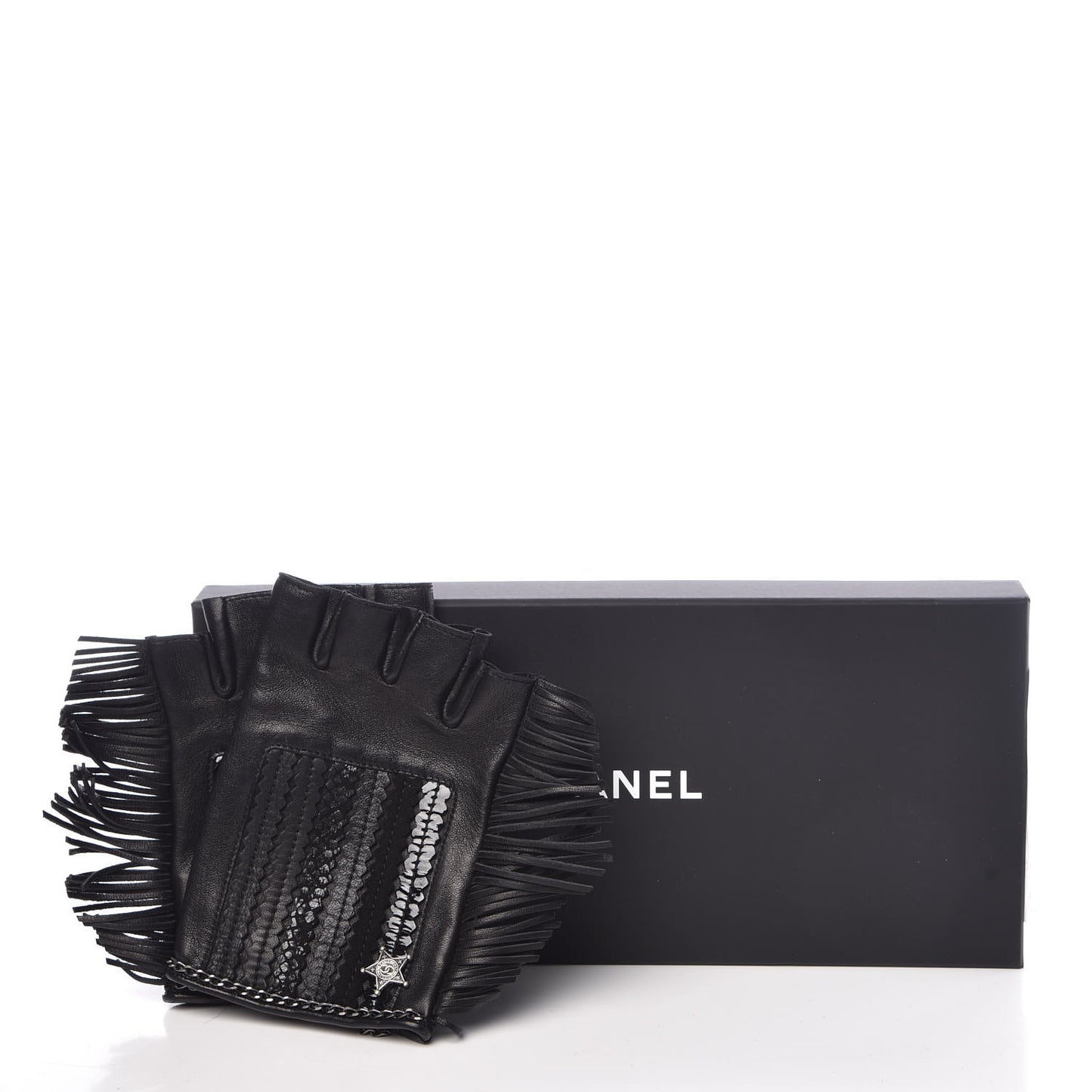 Lambskin Fringe Fingerless Gloves 8 Black