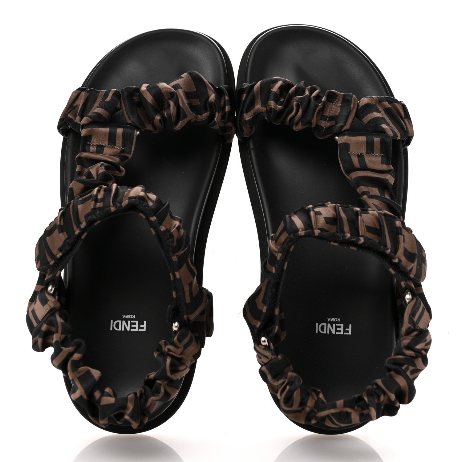 Fendi Satin FF Ruched Sandals 39.5 Tobacco Black 2 of 9