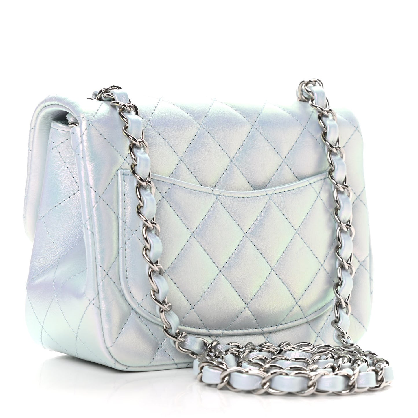 Iridescent Lambskin Quilted Mini Square Flap Light Blue