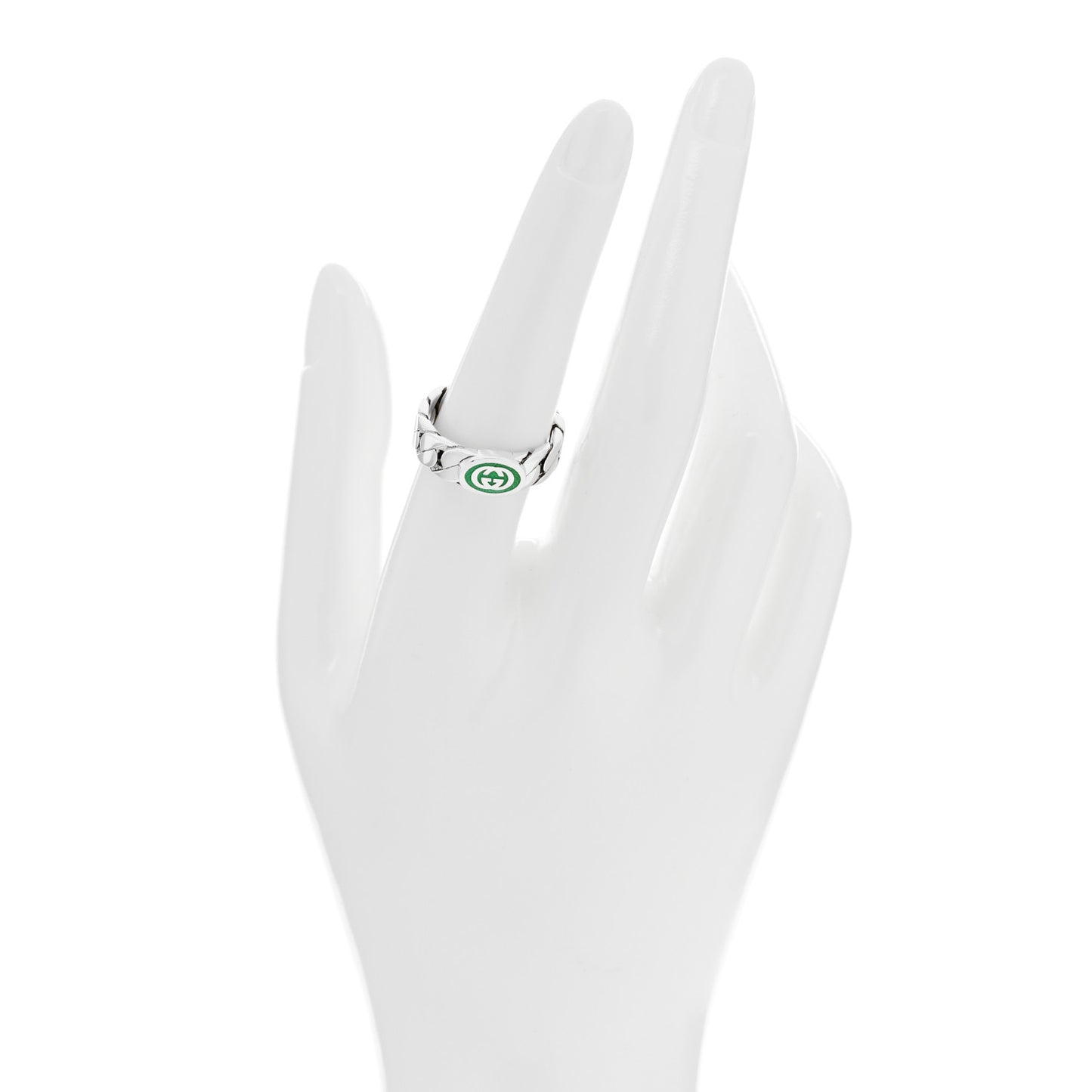 Sterling Silver Enamel Interlocking G Chain Ring 56 7.5 Green