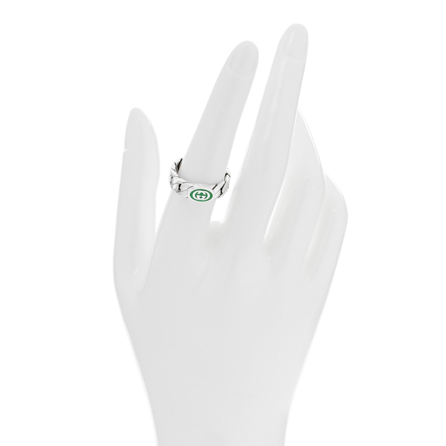 Gucci Sterling Silver Enamel Interlocking G Chain Ring 56 7.5 Green 2 of 4