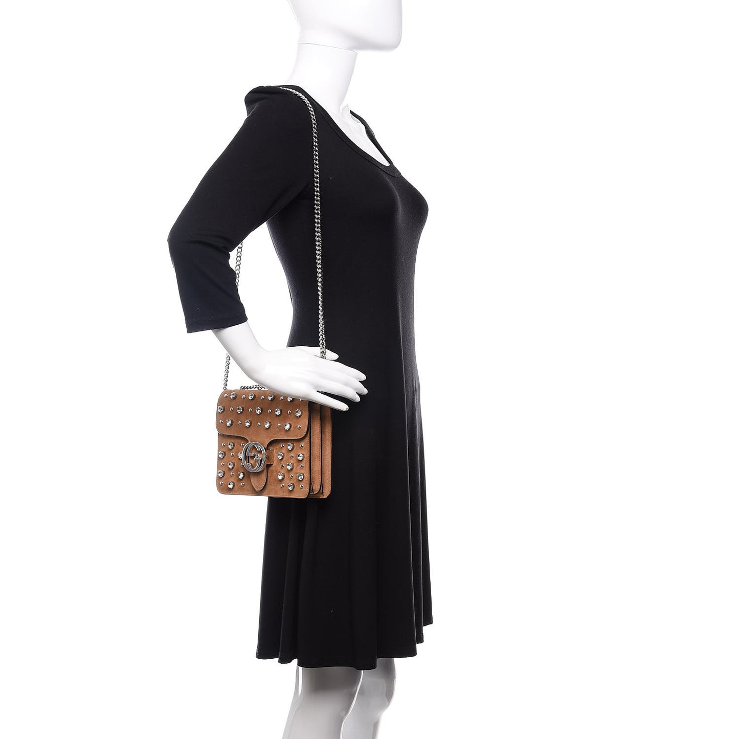 Suede Crystal Small Interlocking G Shoulder Bag Taupe