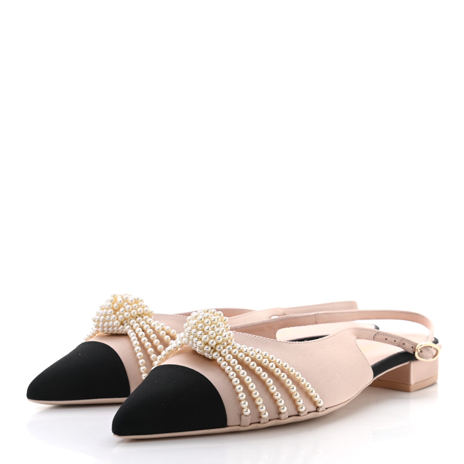 Chanel Satin Grosgrain Pearl Slingback Flats 39 Pink Black 3 of 9