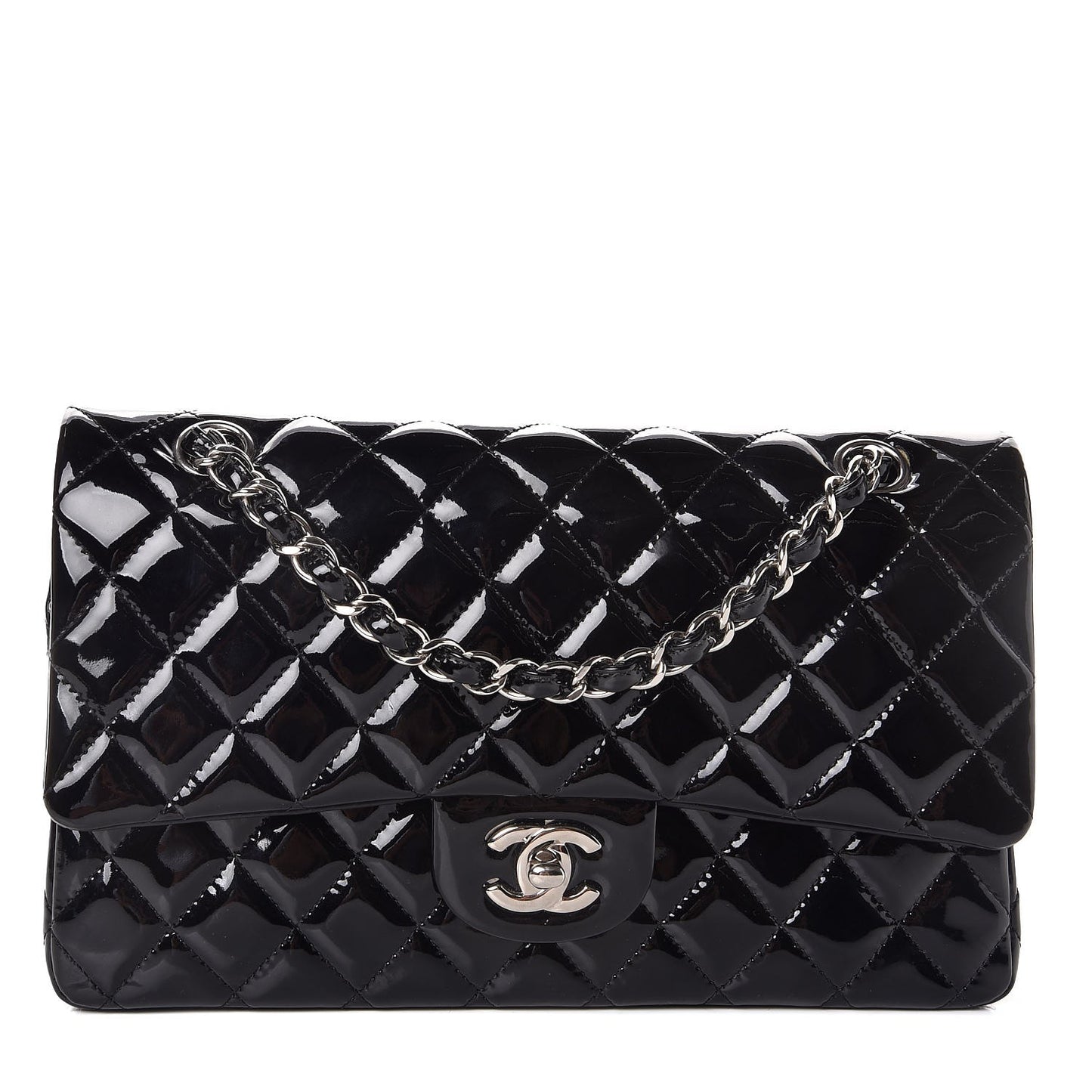 Patent Quilted Medium Double Flap Black