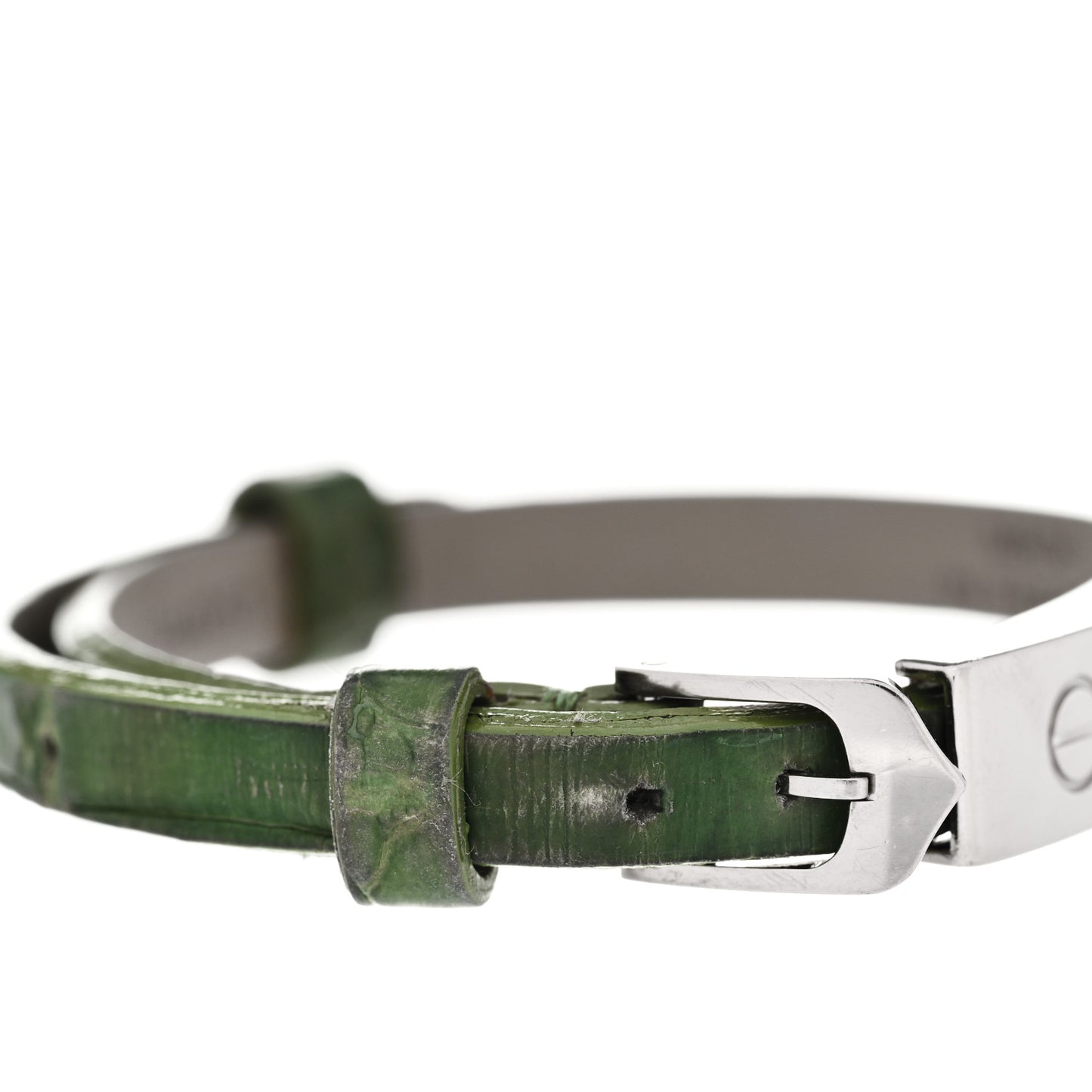 18K White Gold Alligator 3 Motif LOVE Bracelet Green