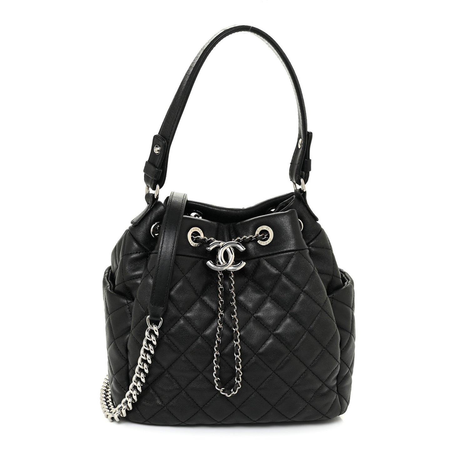 Lambskin Quilted Mini CC Chain Bucket Bag Black