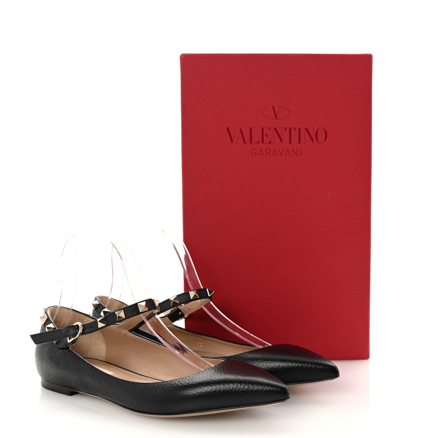 Valentino Garavani Pebbled Calfskin Rockstud Ankle Strap Ballerina Flats 38 Black 10 of 10