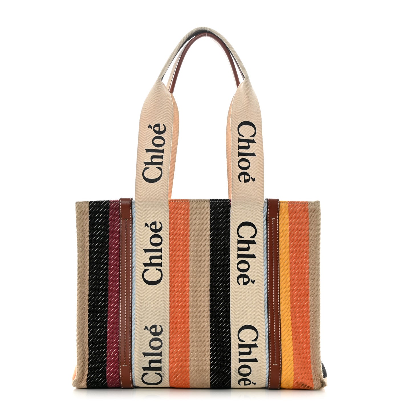 Cotton Calfskin Medium Woody Striped Tote Multicolor
