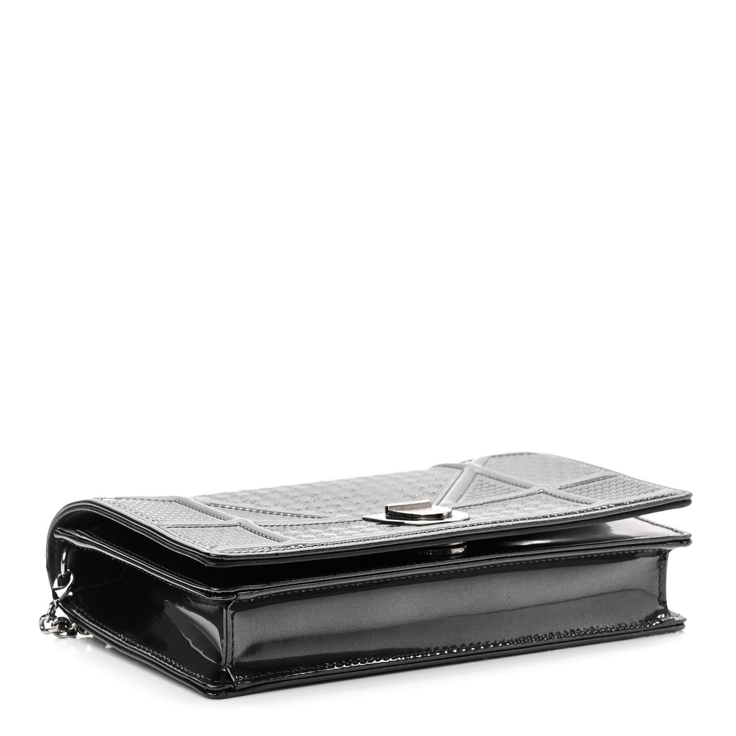 Metallic Patent Micro-Cannage Diorama Wallet on Chain Pouch Black