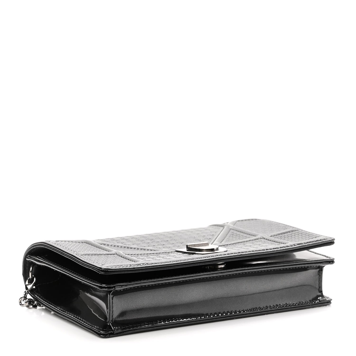 Christian Dior Metallic Patent Micro-Cannage Diorama Wallet on Chain Pouch Black 4 of 9