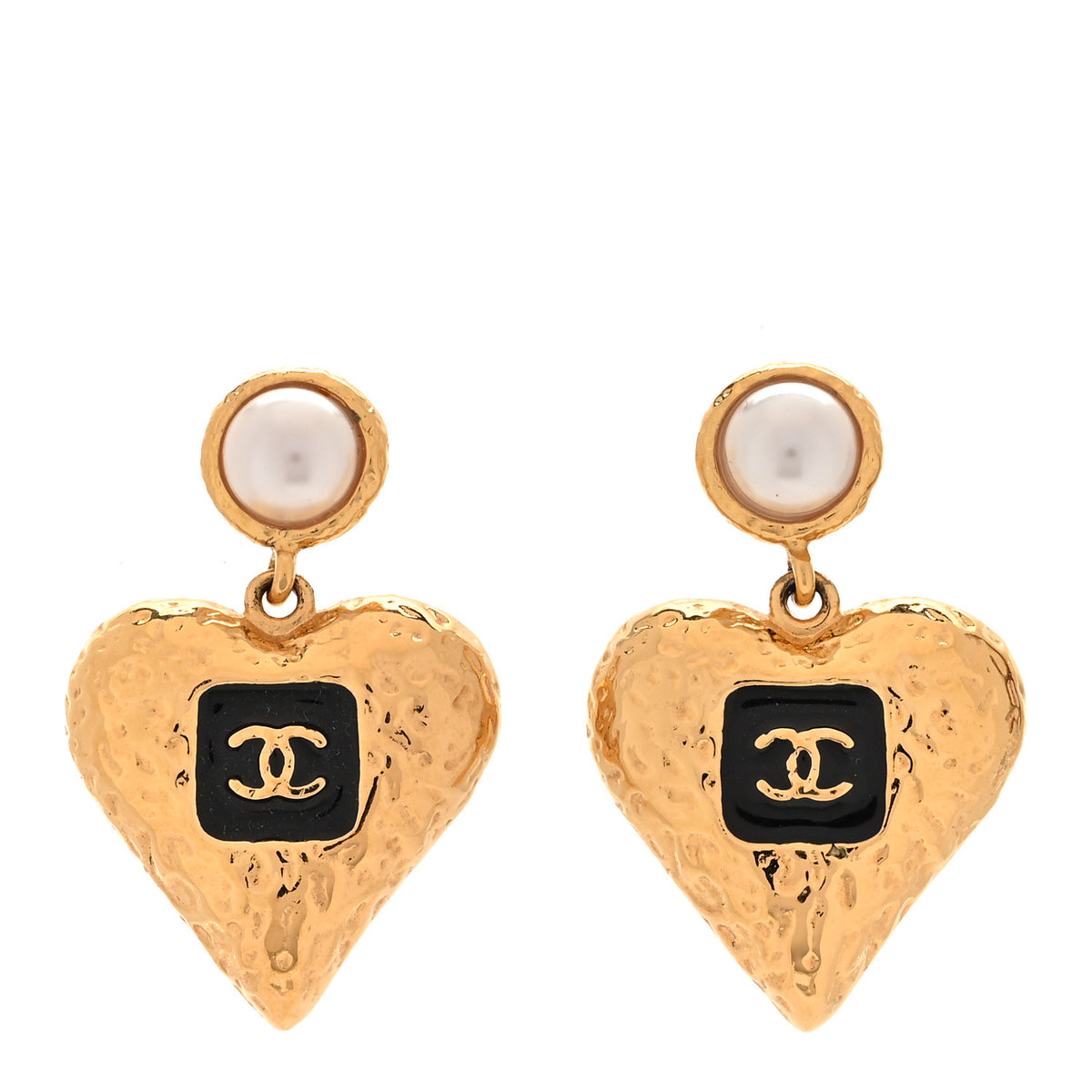 Metal Pearl Resin CC Heart Drop Earrings Gold Black