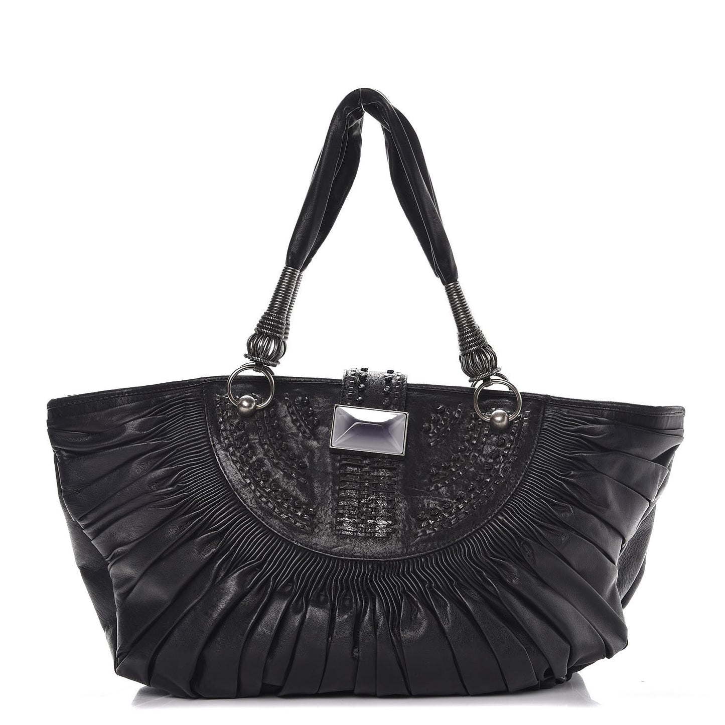 Lambskin Plisse Pleated Basket Tote Bag Black