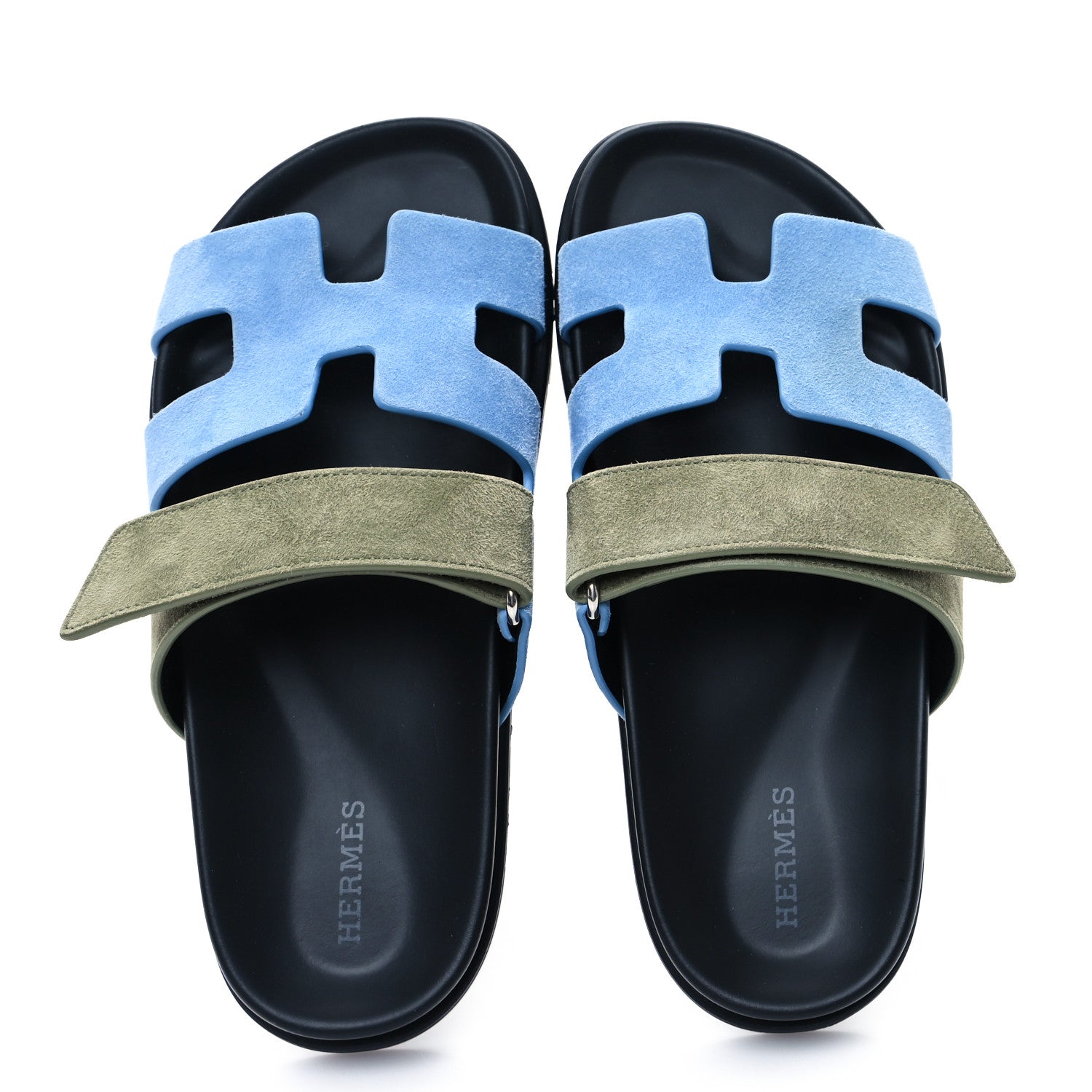 Hermes Suede Goatskin Womens Chypre Sandals 35.5 Bleu Cameo Vert Celadon 2 of 10