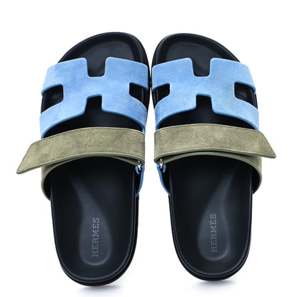 Hermes Suede Goatskin Womens Chypre Sandals 35.5 Bleu Cameo Vert Celadon 2 of 10