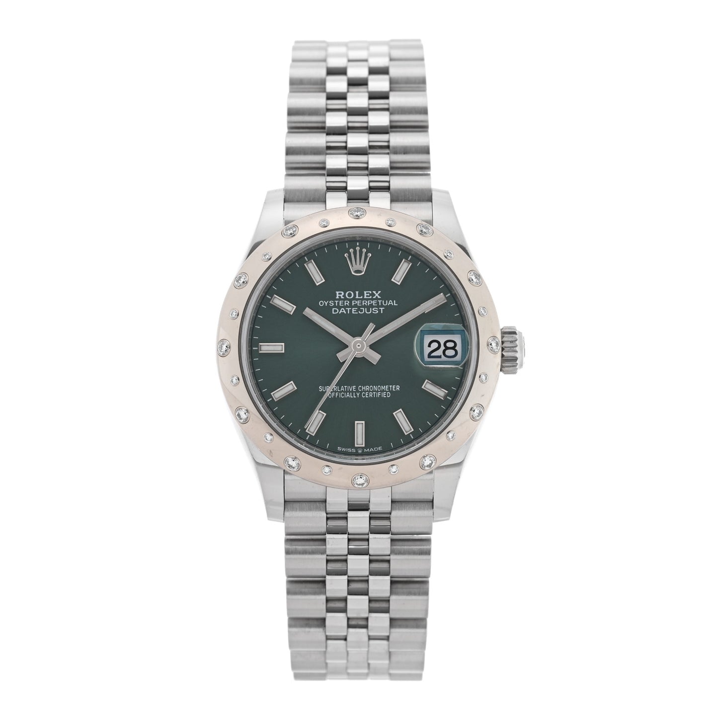 Stainless Steel 18K White Gold Diamond 31mm Oyster Perpetual Datejust Watch Mint Green 278344RBR