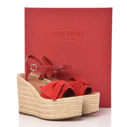 Valentino Garavani Suede Calfskin Tropical Bow Espadrille Platform Wedge Sandals 37 Red 9 of 9