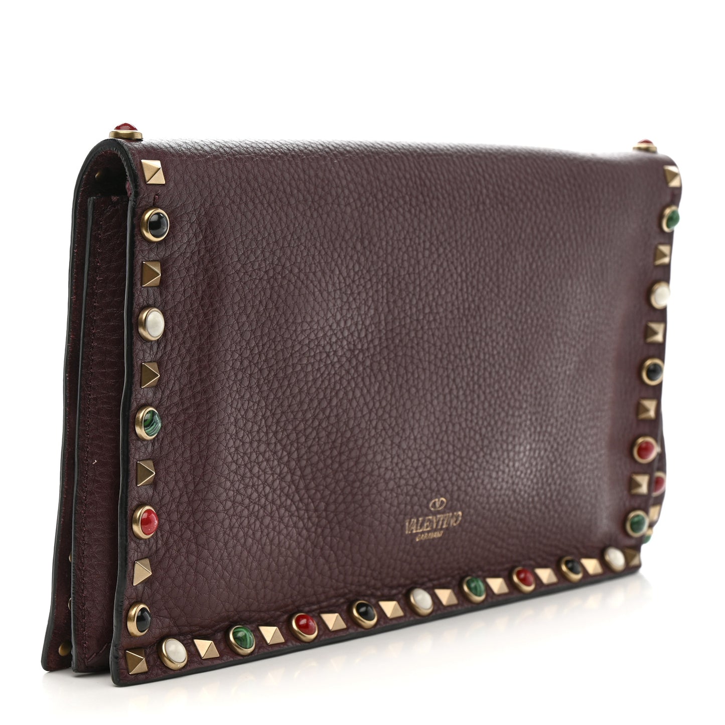 Pebbled Calfskin Rockstud Rolling Wristlet Clutch  Rubin
