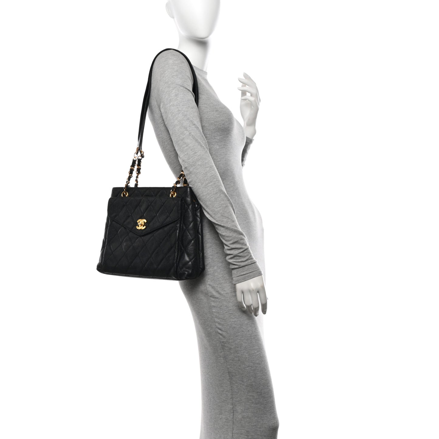 Caviar Quilted Pocket Shopping Tote Black