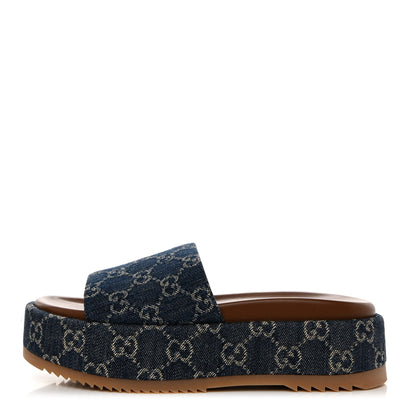 Gucci New Denim GG Monogram Angelina Platform 55mm Slide Sandals 37.5 Blue Tea 1 of 9