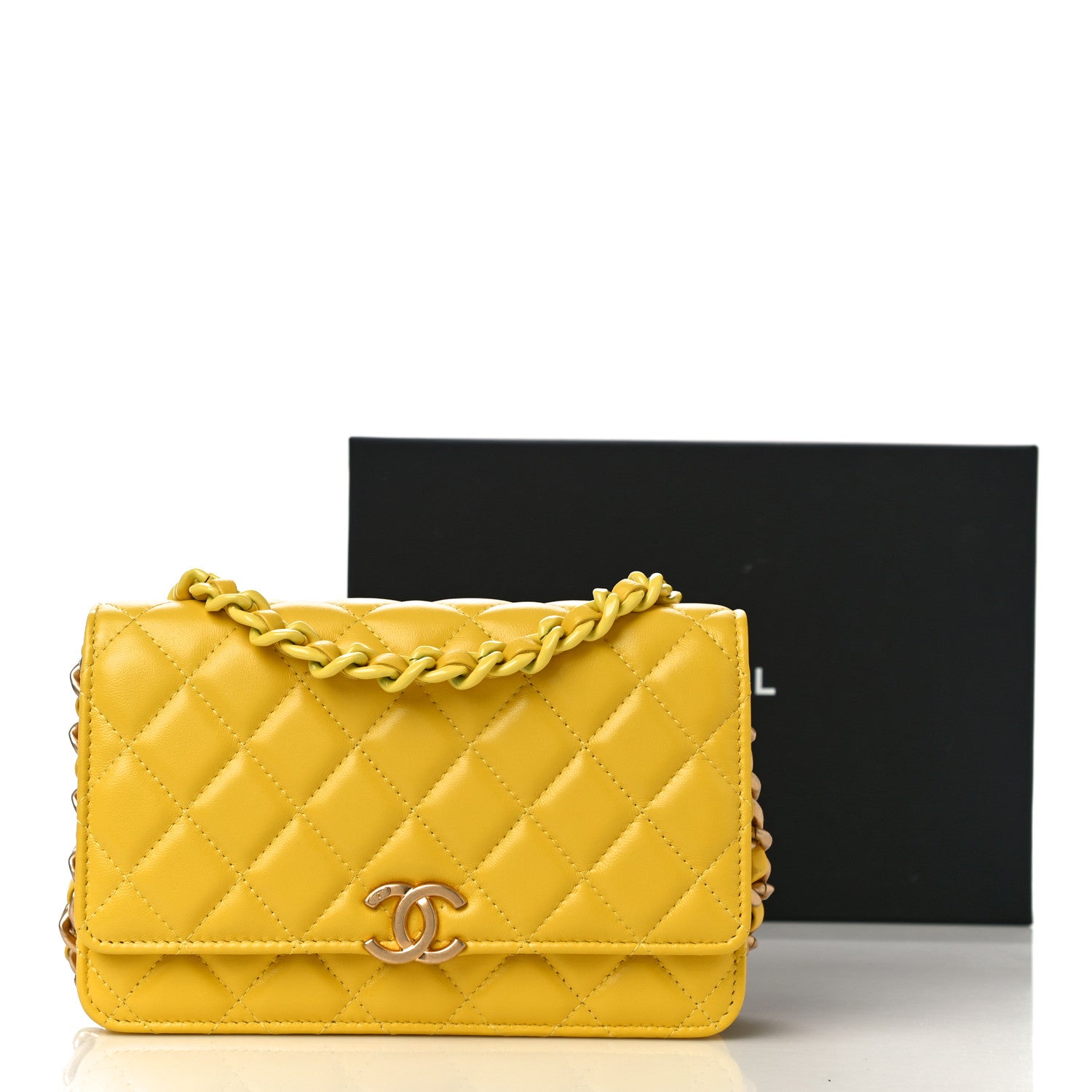 Chanel Lambskin Resin Quilted Wallet On Chain WOC Yellow 12 of 12