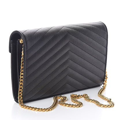 Saint Laurent Grain De Poudre Matelasse Chevron Monogram Chain Wallet Black 3 of 9