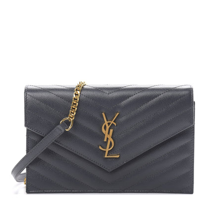 Saint Laurent Grain De Poudre Matelasse Chevron Monogram Envelope Chain Wallet Dark Smog 1 of 11