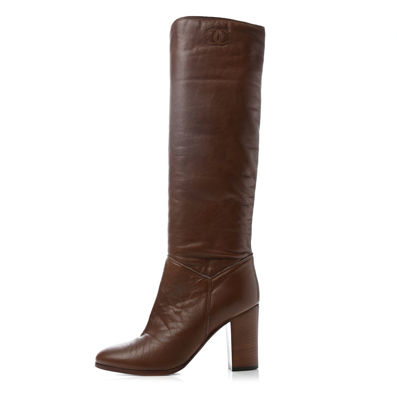 Chanel Calfskin CC Knee High Boots 36.5 Light Brown 1 of 4