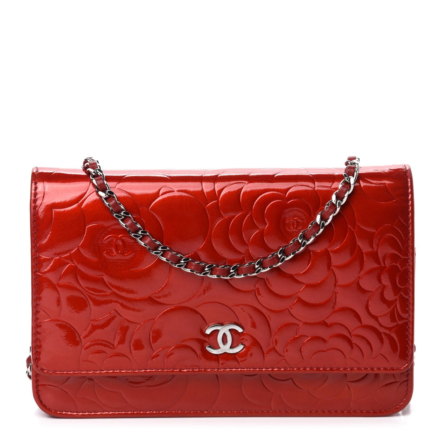 Patent Camellia Embossed Wallet On Chain WOC Dark Red