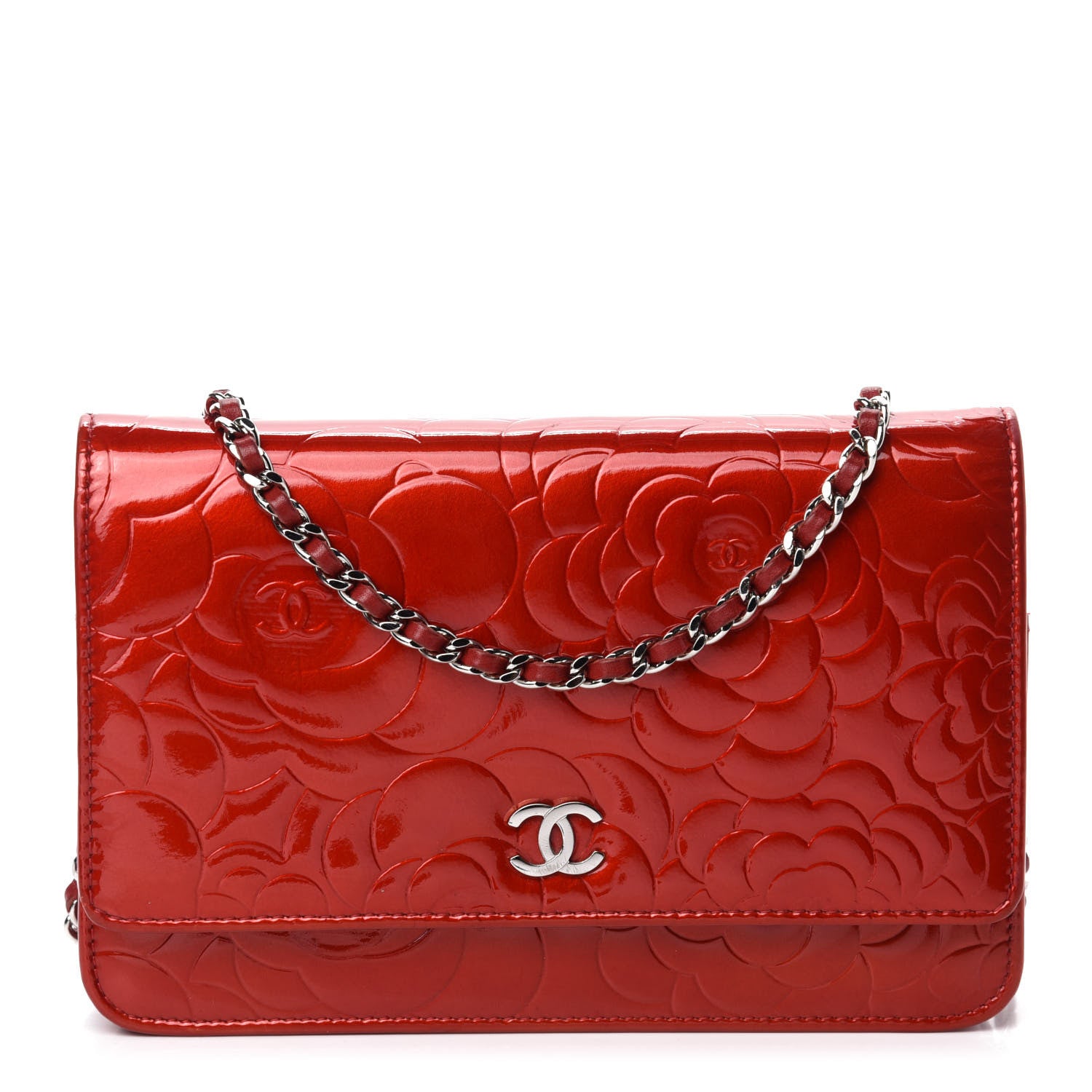 Chanel Patent Camellia Embossed Wallet On Chain WOC Dark Red 1 of 11