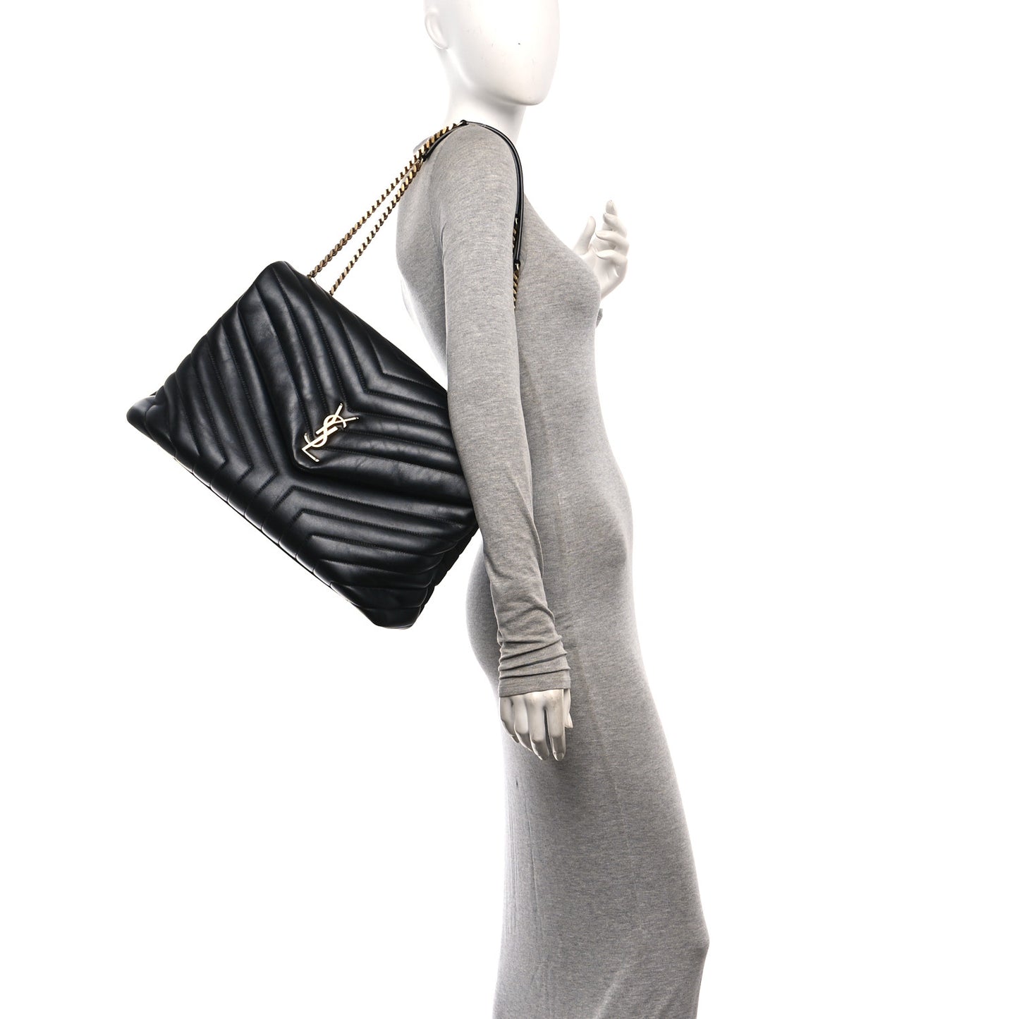 Calfskin Y Quilted Monogram Large Loulou Chain Satchel Black