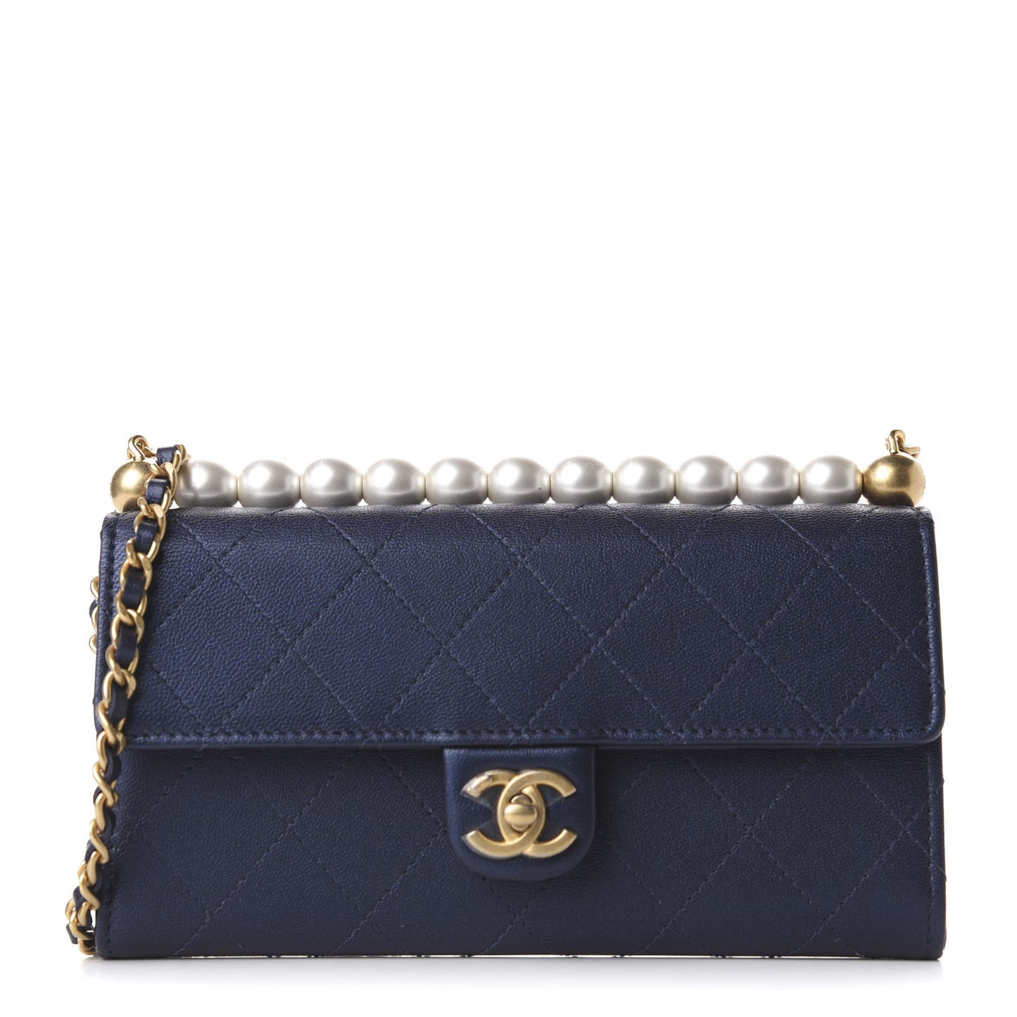 Iridescent Lambskin Quilted Chic Pearls Clutch With Chain Blue