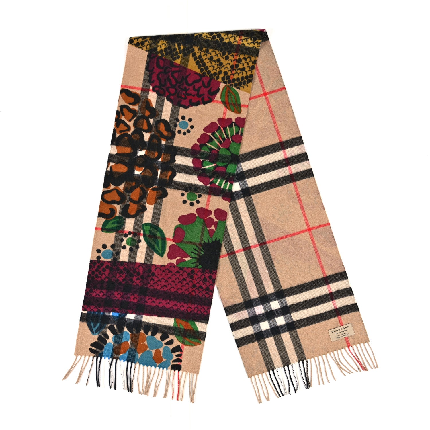 Burberry Cashmere Giant Check Floral Fringe Scarf Archive Beige 2 of 4