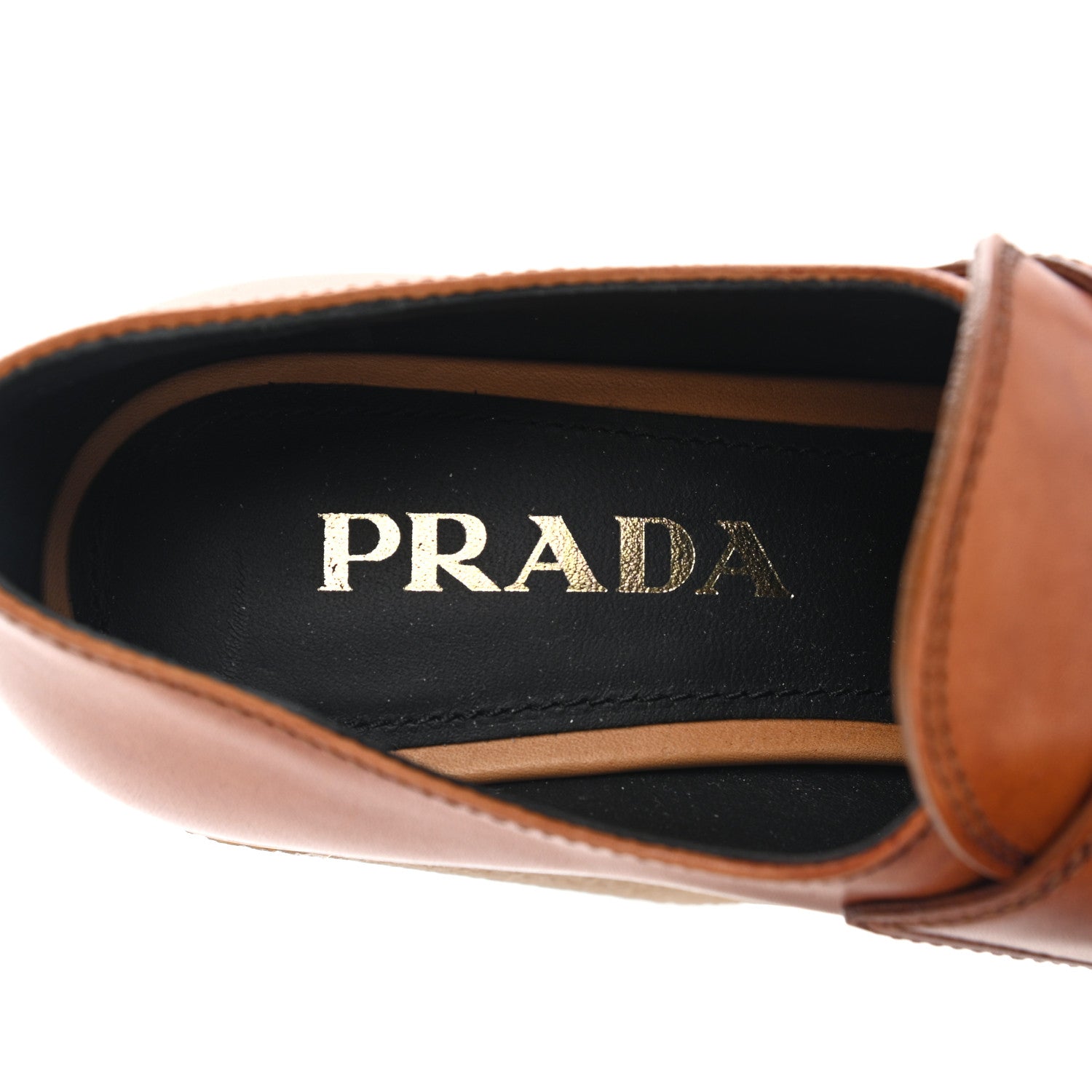 Prada Calfskin Metal Triangle Logo Flow Heeled Loafers 36 Caramel 13 of 18