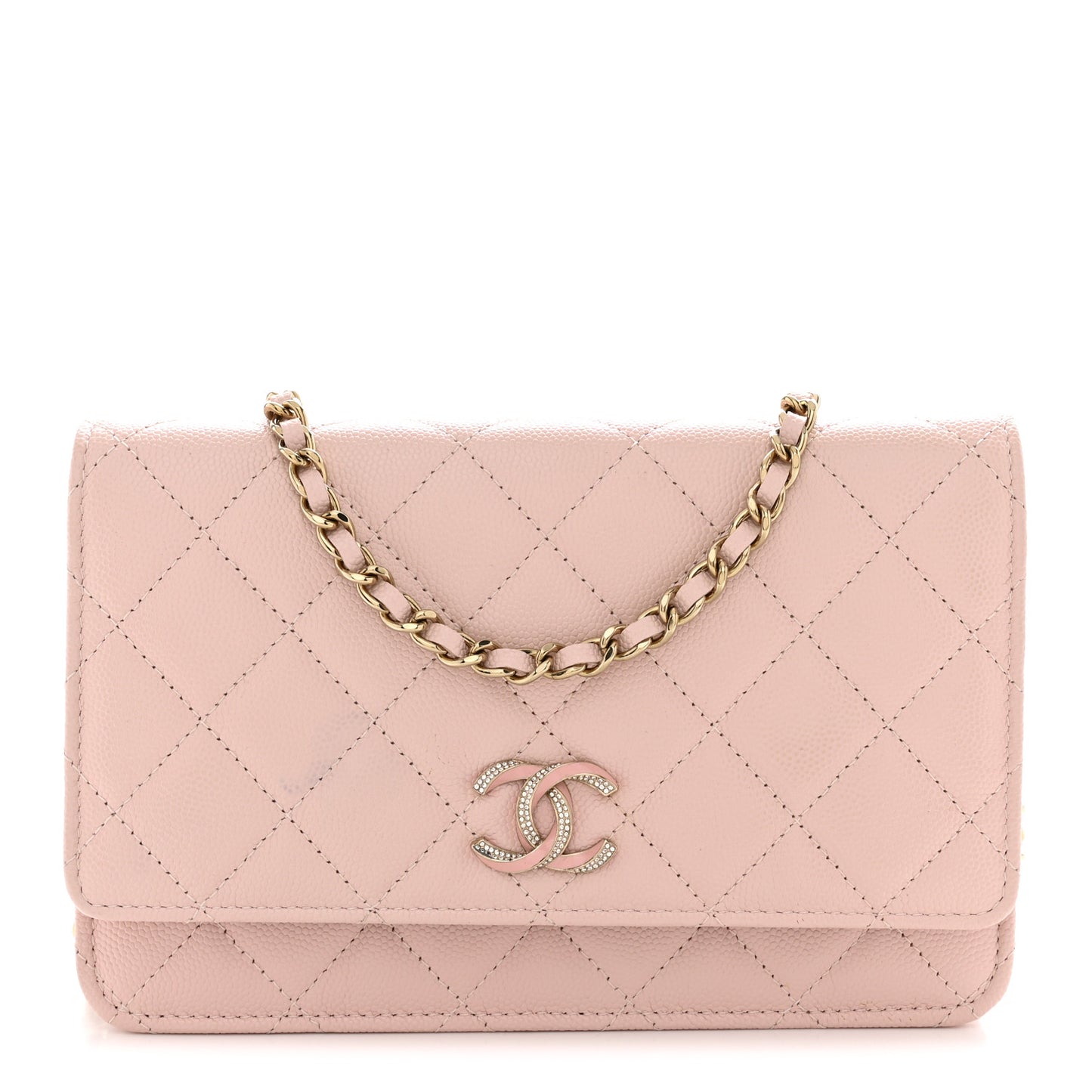 Caviar Quilted Crystal Enamel CC Wallet On Chain WOC Light Pink