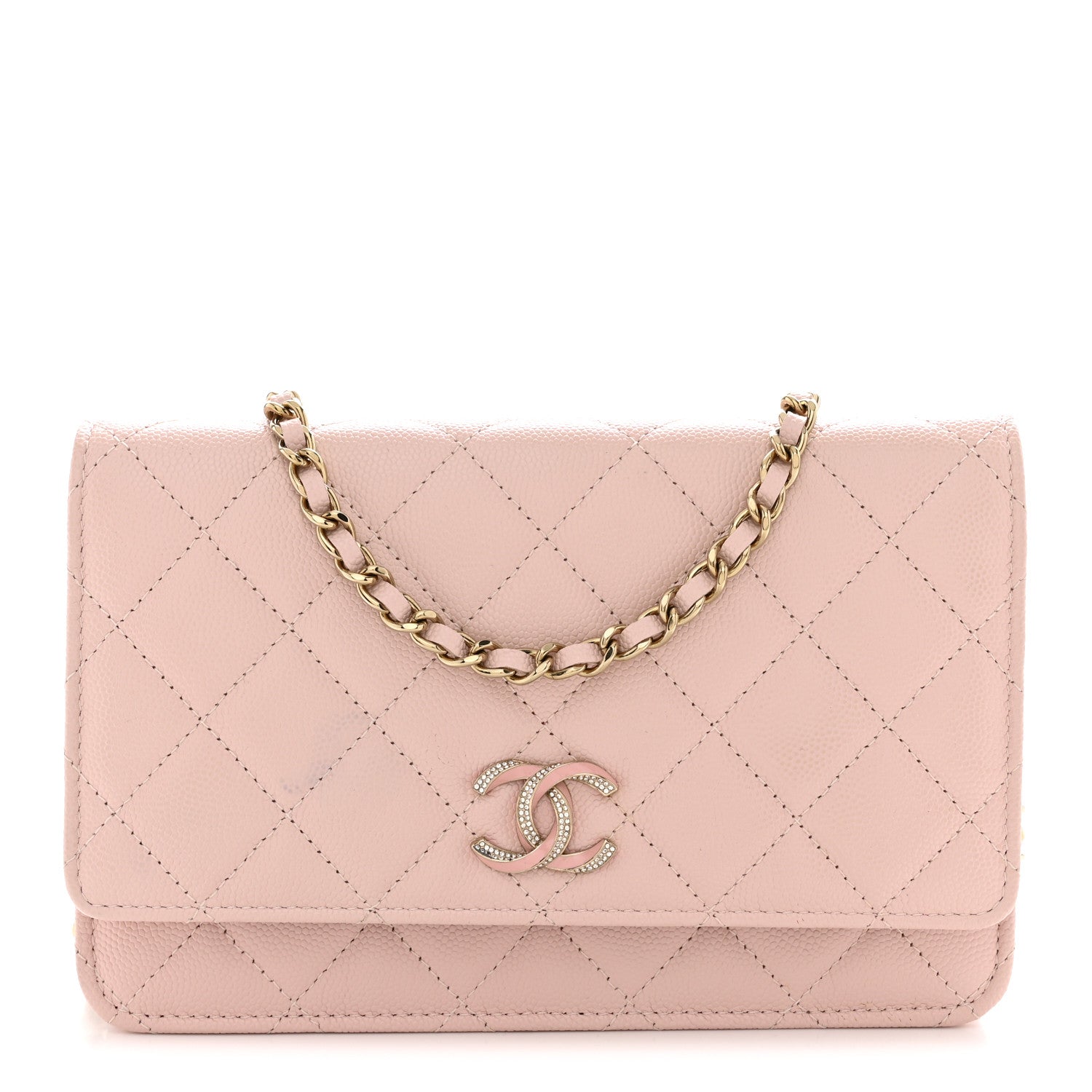 Chanel Caviar Quilted Crystal Enamel CC Wallet On Chain WOC Light Pink 1 of 12