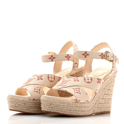 Louis Vuitton Calfskin Monogram Embossed Espadrille Wedge Sandals 39 Creme Bois De Rose 3 of 10
